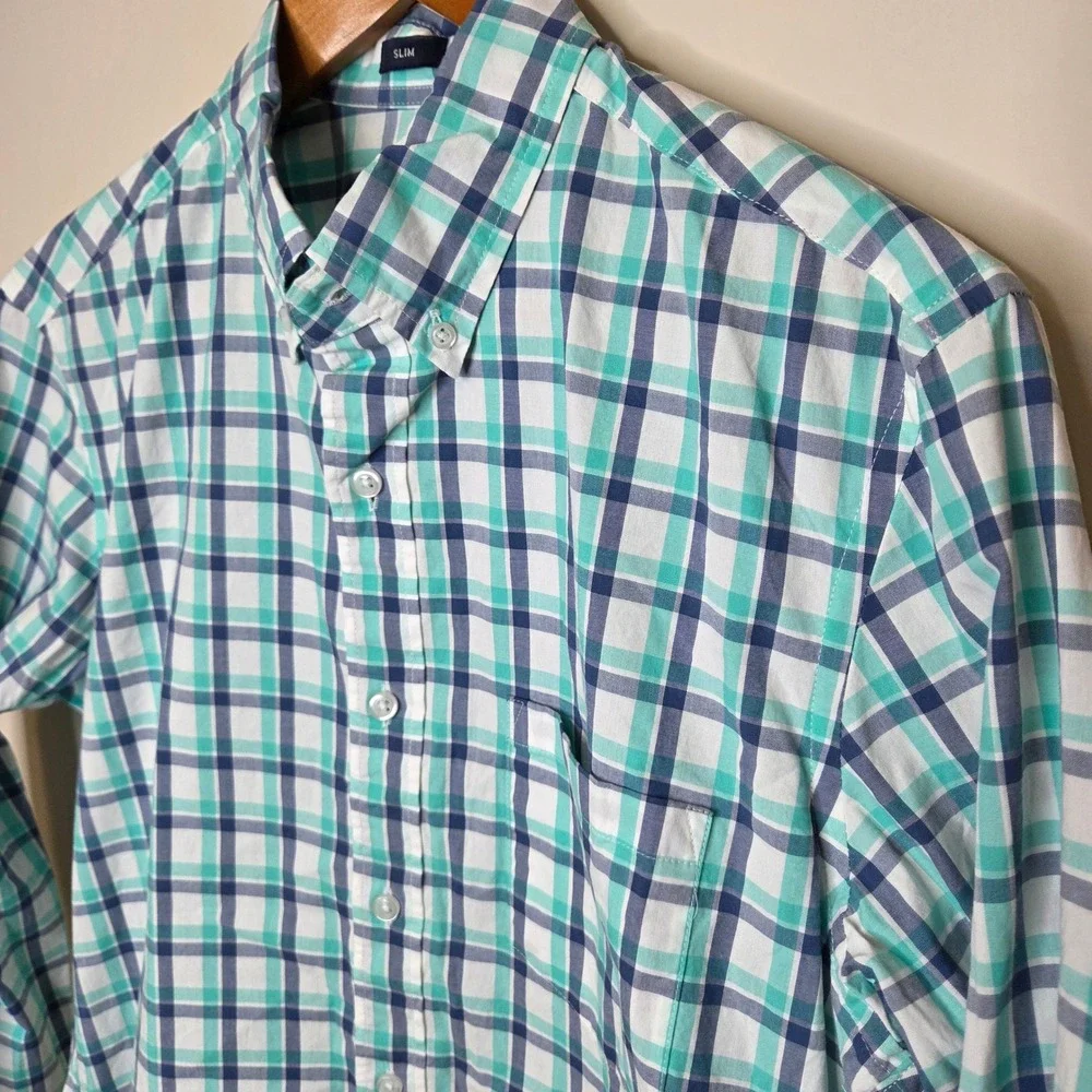 J. Crew Flex‎ Washed Slim Fit Button Down Shirt Men's Medium Blue Green Plaid